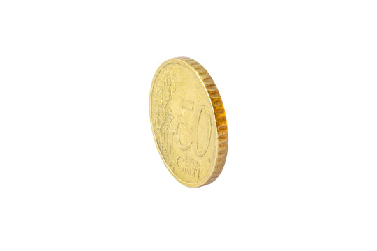 Side-angle view of a 50-cent Euro coin's reverse. Features the face value and European map on a golden-toned Nordic gold surface, isolated on a plain transparent white background.