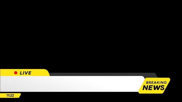 Breaking news lower third overlay animation. Yellow and white broadcast television graphic overlay with live badge. Journalism and media concept template. Transparent background, alpha channel, 60fps