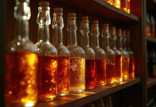 Elegant Sherry Wine Bottles Line Vintage Spanish Bodega Shelves Rustic Barrel Wood Darkened Aisles