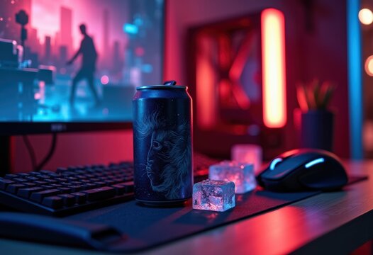 Energetic Aluminum Can on Gamer Streaming Setup with LED Backlights and Dynamic PC Gear