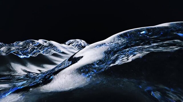 Premium Abstract 3D Glass Waves 8K Video Featuring Translucent Crystal Flow with Blue and White Light Refractions on a Solid Black Background for Artistic and High-End Luxury Visuals