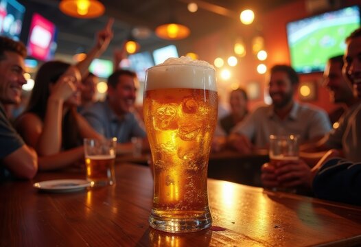 Foamy Cold Mug Beer Overflowing at High-Energy Sports Pub Celebrating Game Atmosphere