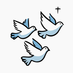 Obraz premium Three minimalist doves flying towards a cross. Christian symbol of faith and hope.