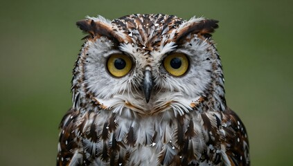 Obraz premium Close up of a speckled owl with piercing yellow eyes staring forward at the viewer