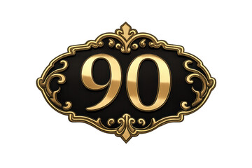 Golden number 90 on ornate plaque with transparent background