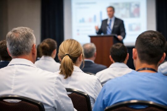Medical conference audience: Group of doctors listening to a lecture at a professional development seminar.