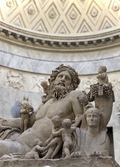 Detail of classical stone sculpture on historic church facade