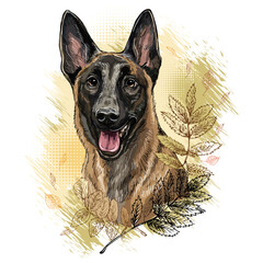 Belgian shepherd dog in flowers hand drawn vector illustration