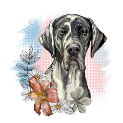 Great Dane Dog with flowers hand drawing vector illustration