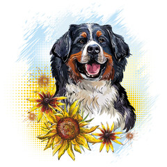 Bernese Mountain Dog with flowers hand drawing vector