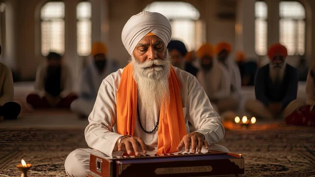 elderly sikh man playing harmonium at sunset in spiritual gathering with orange turban