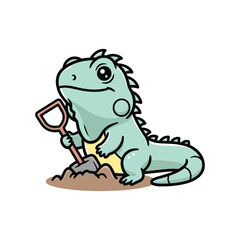 Obraz premium Cartoon Iguana Digging with Shovel in Dirt Illustration