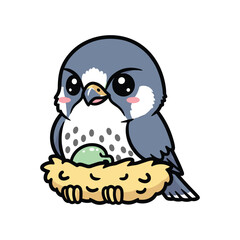 Naklejka premium Cute Cartoon Bird in Nest with Egg, Adorable Baby Falcon Illustration, Wildlife Baby Animal Art