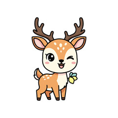 Cute cartoon deer fawn standing with leaf smiling isolated on white background illustration