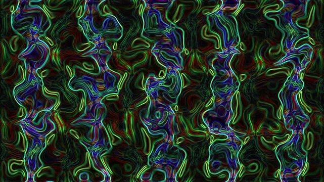 Interwoven neon-like filaments twist and stretch across a dark kaleidoscopic grid, forming an intense abstract pattern. The image feels energetic and alive, combining glowing contours with fluid motio