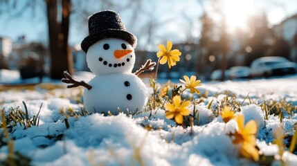 Obraz premium Snowman stands joyful in meadow as spring blooms beneath melting snow