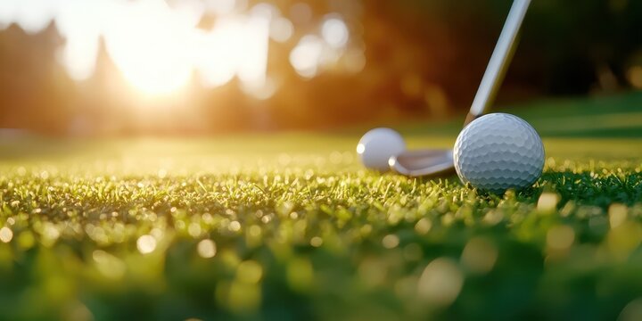 Sun-drenched golf clubs and balls resting on a lush green lawn