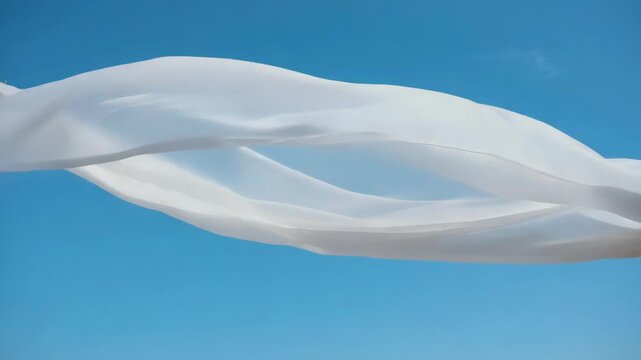 Elegant white tulle fabric floating in sky. Airy and bright slow motion bridal background.