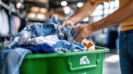 Placing mixed clothing in a green recycling bin for eco-friendly practices
