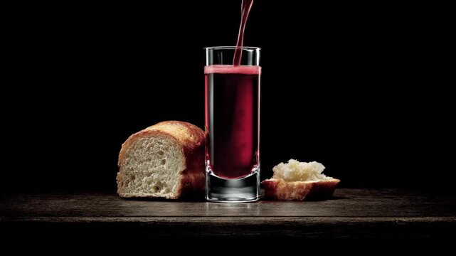 Red wine being poured into a glass with bread.