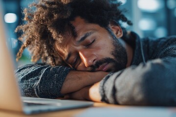 Obraz premium Freelancer Takes a Break While Working at a Desk, Showing Signs of Fatigue and Stress During a Long Work Session in the Evening