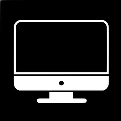 Desktop computer icon silhouette, black PC case, widescreen monitor, wired keyboard and mouse connected with cable, clean flat vector illustration