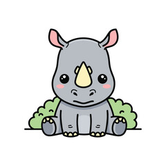 Naklejka premium Cute cartoon rhinoceros sitting on grass with green leaves isolated illustration