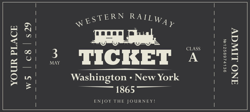 Vector retro train ticket template featuring a vintage steam locomotive and carriage, inscriptions, and dates on black background. Premium version. No ai