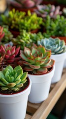 Fototapeta premium Succulents in vibrant shades arranged on a wooden display stand