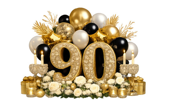 Gold 90th birthday celebration with candles and balloons