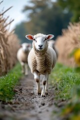 Fototapeta premium Sheep grazing peacefully on lush green fields under serene skies