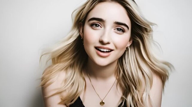 Beautiful Blonde Woman l with Blowing Hair Smiling at Camera, Young Woman Portrait on White Background, Hair Care and Natural Beauty Concept, Expressive Face with Happy Emotions