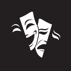 icon of comedy and tragedy theatrical masks isolated on black background