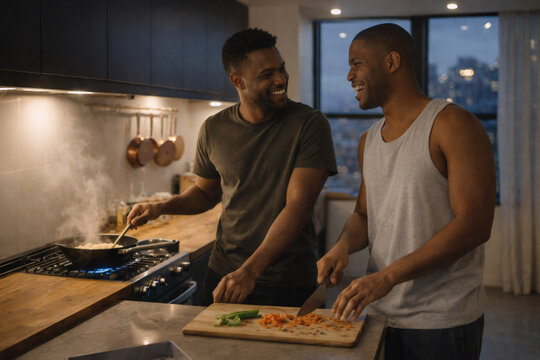 Happy LGBTQ couple preparing meal in kitchen