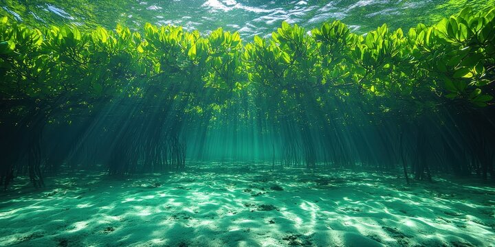Exploring the vibrant green canopy of a mangrove forest beneath sunlight