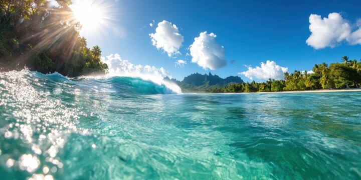 Surfing at the breathtaking Teahupoo wave in French Polynesia