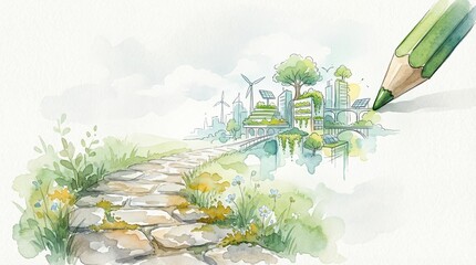Watercolor Illustration of a Sustainable Green City with Renewable Energy