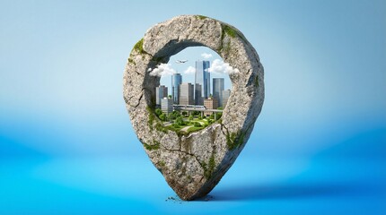 Large Stone Location Pin with a Modern City and Transportation Inside