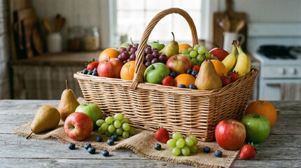 Healthy Assortment of Fresh Fruits in a Wicker Basket on Wooden Table