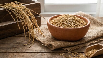 Raw Organic Rice Paddy Grains in Clay Bowl on Rustic Wooden Table