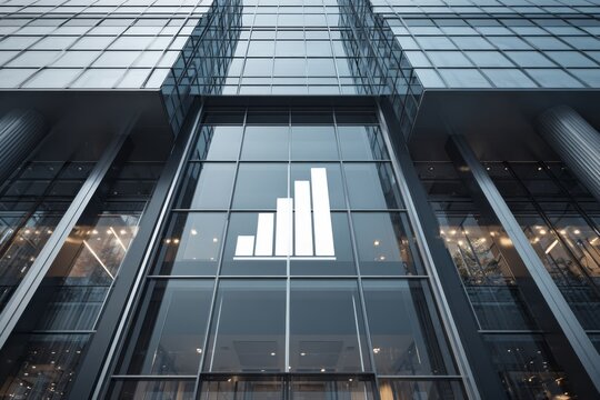 A modern glass facade office building with a bar chart icon