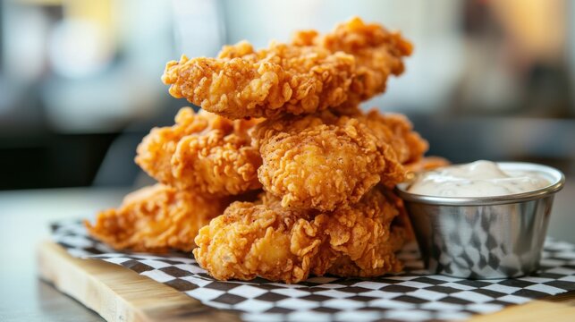 Crispy Fried Chicken Tenders with Dipping Sauce and Checkered Paper