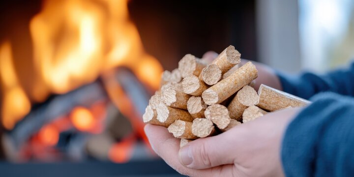 Warm glow from burning wood pellets enhances cozy fireplace atmosphere