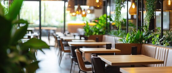 Fototapeta premium Cozy Indoor Restaurant with Greenery and Modern Decor