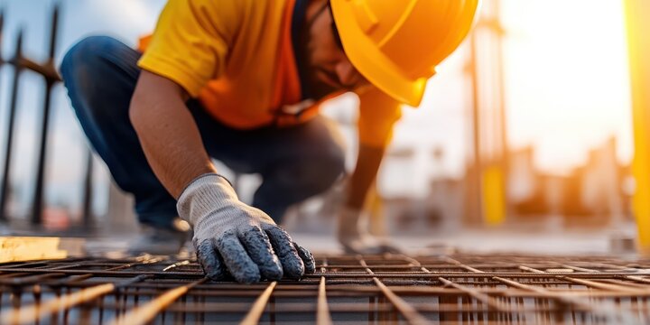Construction worker skillfully levels wet cement for a strong foundation