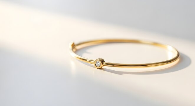 A gold bangle with a small diamond on a white surface