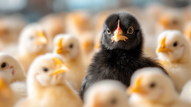 Black chicken stands out among white chickens, showcasing uniqueness in flock