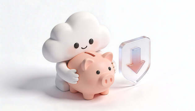 3d clay cloud hugging piggy bank with secure download shield representing cloud cost optimization savings budget management and protected data storage isolated on white