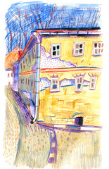 Illustration of Old Yellow Building and Street