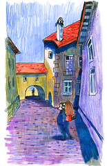 Illustration of a Man in an Old European Street
